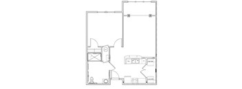 A floor plan of a house with a kitchen, living room, and two bedrooms.