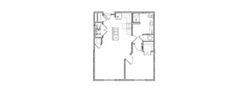 A floor plan of a house with a kitchen, living room, and bathroom.