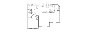 A floor plan of a house with a kitchen, living room, and bathroom.