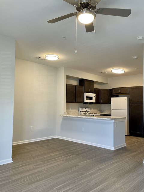 an empty living room with a kitchen and a ceiling fan