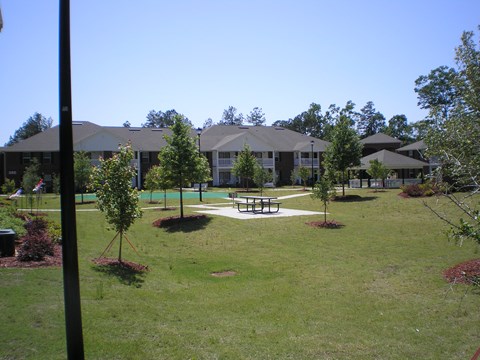 A grassy area with a picnic table and trees in front of a building.