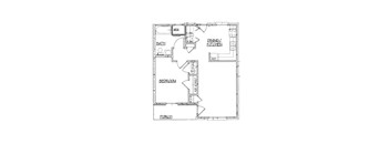 A floor plan of a house with a dining/kitchen area, bedroom, and porch.