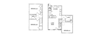 A floor plan of a two bedroom apartment with a living room and kitchen.