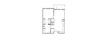 A black and white drawing of a floor plan with multiple rooms and sections.