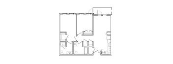 A black and white floor plan of a house with a kitchen, living room, and bedrooms.