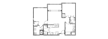 A floor plan of a house with a kitchen, living room, and bedrooms.