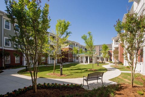 A park with a bench and trees in front of apartment buildings.