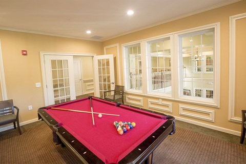 A pool table with a red cloth and white cue ball and balls on it.
