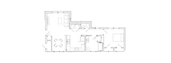 A floor plan of a house with a kitchen, living room, and two bedrooms.