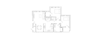 A floor plan of a house with a kitchen, living room, and two bedrooms.