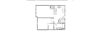 A floor plan of a house with a kitchen, living room, and bathroom.