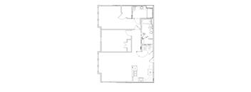 A floor plan of a house with a kitchen, living room, and two bedrooms.