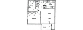 A floor plan of a house with a kitchen, dining room, living room, bedroom, and porch.