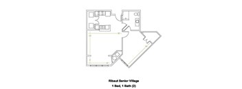 A floor plan for a senior living facility with one bedroom and one bathroom.
