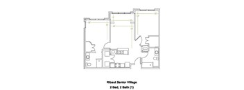A floor plan of a senior living facility with two bedrooms and one bathroom.
