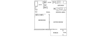 A floor plan of a house with labeled rooms such as kitchen, living room, and bathroom.