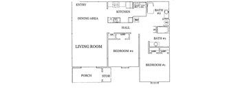 A floor plan of a house with a living room, dining area, kitchen, two bathrooms, two bedrooms, a porch, and a storage area.