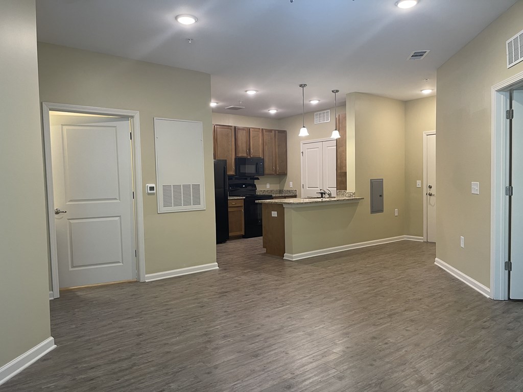 A kitchen area with a counter and cabinets.