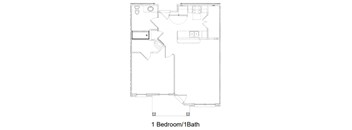 A floor plan of a small apartment with one bedroom and one bathroom.