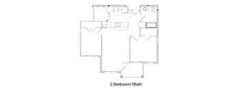 A floor plan of a 2 bedroom/1 bathroom apartment.