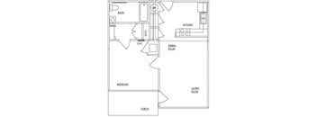 A floor plan of a house with a living room, dining room, kitchen, bedroom, bathroom, and porch.