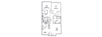 A floor plan of a house with two bedrooms, two bathrooms, a living room, and a dining room.