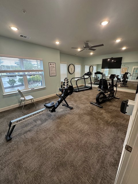 A spacious home gym with exercise equipment and a television.