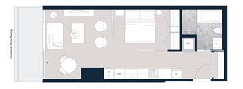 A floor plan of an apartment with a kitchen, living room, and bathroom.