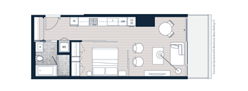 A floor plan of a house with a kitchen, living room, and two bedrooms.