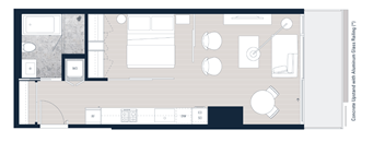 A floor plan of a house with a living room, dining room, kitchen, and two bedrooms.