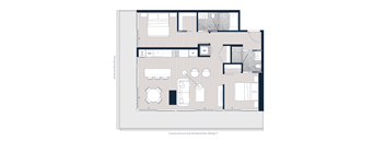 A floor plan of a house with a living room, dining room, kitchen, and two bedrooms.