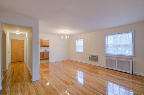 A room with wooden floors and a window with a view of a tree.