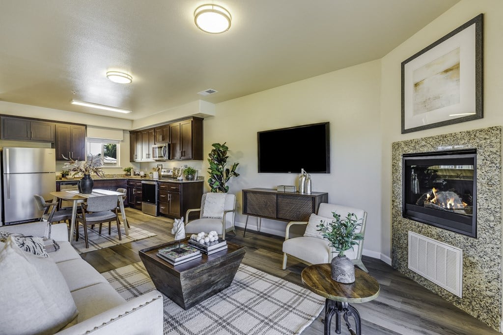 A modern living room with a fireplace and a flat screen TV.