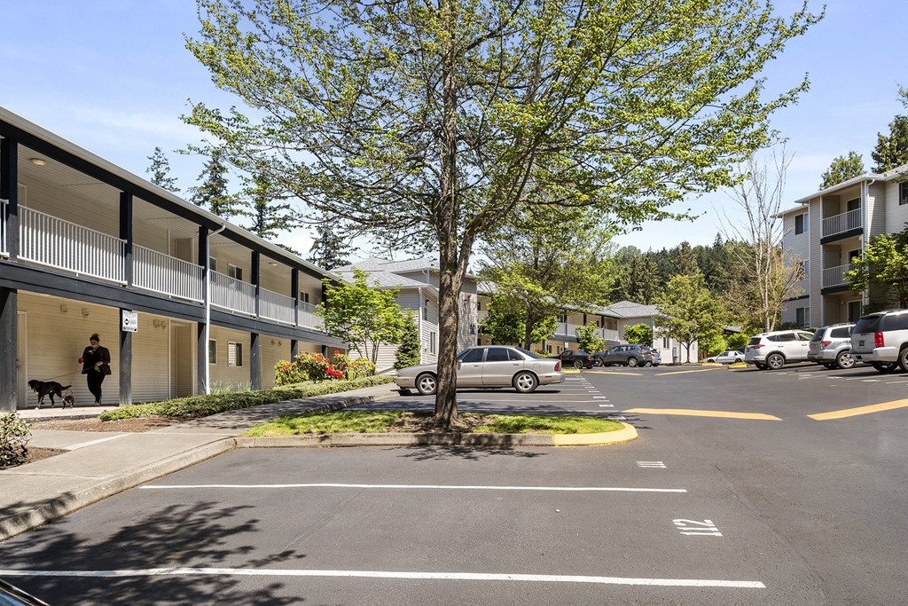 a tree in the middle of a parking lot in front of a building at Mill Pond Apartments, Auburn, WA