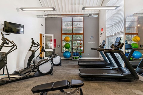 Fitness center with treadmills and exercise equipment at Mullan Reserve Apartments, Missoula, MT