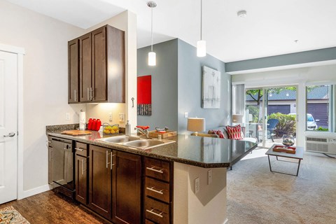 A modern kitchen with dark brown cabinets and a granite countertop.