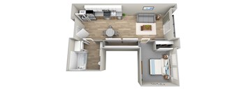 bedroom floor plan an in 3d  at Napoleon Apartments, Tacoma, WA 98402