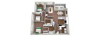 this is a 3d floor plan of a 852 square foot 1 bedroom apartment at the