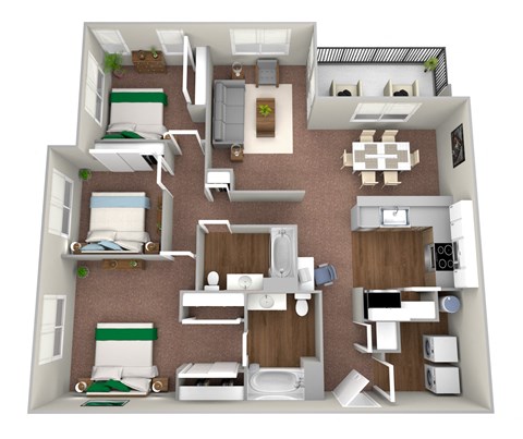 this is a 3d floor plan of a 852 square foot 1 bedroom apartment at the