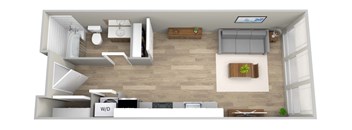 arial view of a 1 bedroom apartment with wood flooring and a balcony at Napoleon Apartments, Tacoma 