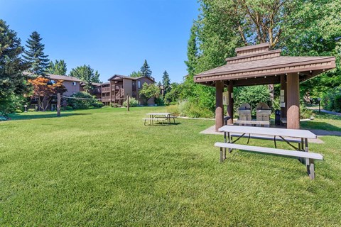 a picnic table and gazebo in a grassy area with apartment buildings in the at Lincoln Village Apartments, Washington, 99208