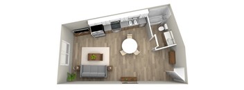 a floor plan of a one bedroom apartment with a dining room table and chairs, a kitchen at Jefferson Yards, Tacoma Washington