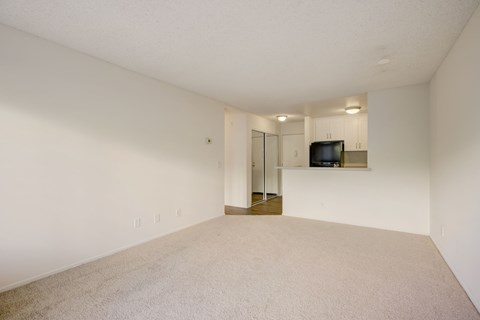 A spacious living room with a television and sliding glass doors.
