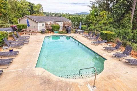 A large outdoor swimming pool surrounded by lounge chairs and trees.