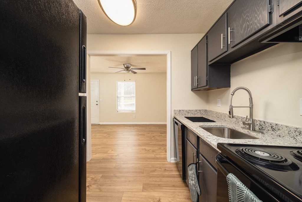 A kitchen with a black refrigerator and black stove at Overlook Club Apartments, Georgia