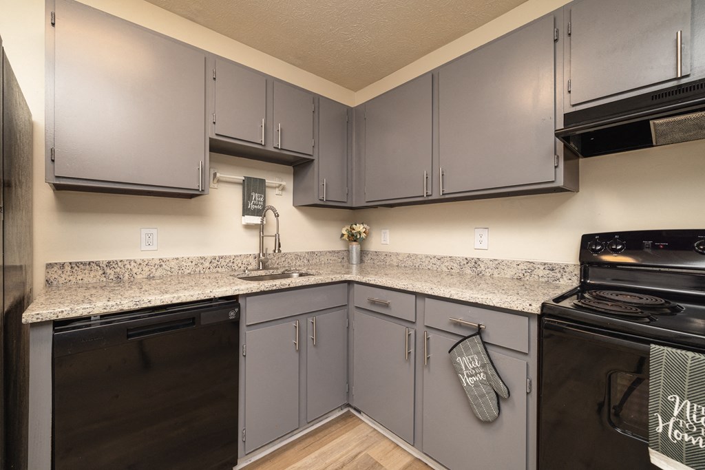 A kitchen with grey cabinets and a black stove top oven at Overlook Club Apartments, Georgia