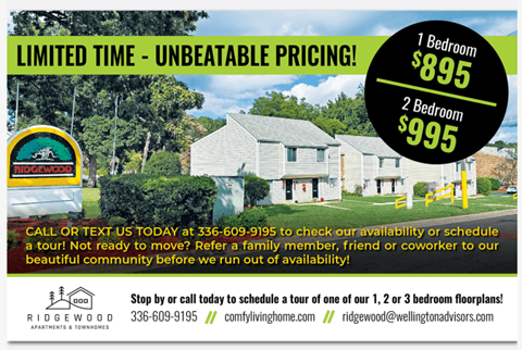 An advertisement for Ridgewood Apartments & Townhomes offering limited time unbeatable pricing for 1 and 2 bedroom options.