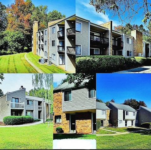Four different views of a modern apartment building.at Ridgewood Apartments, Greensboro, 27410