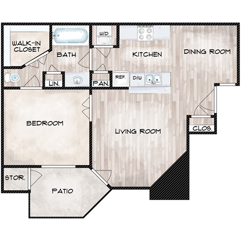 1 Bedroom 1 Bath Floor Plan at The Davis Apartments, Huntsville, AL 35816  