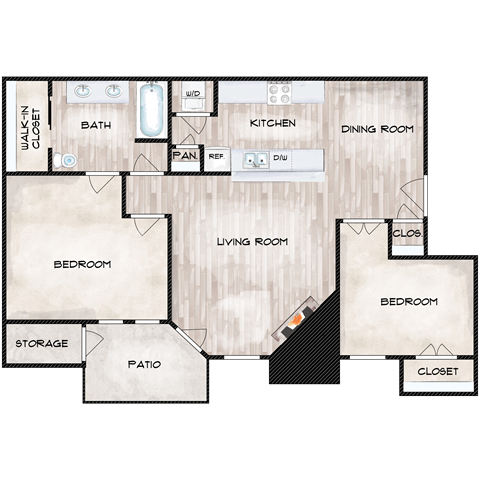 2 Bedroom 1 Bathroom Floor Plan at The Davis Apartments, Huntsville, 35816  